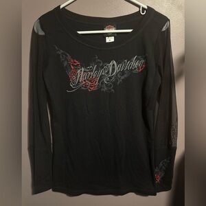 Stunning Women’s Harley Davidson Long Mesh Sleeve Black Top Scroll and Roses